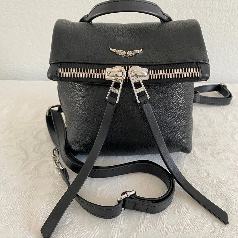 Black Leather Mini Backpack with Silver Details